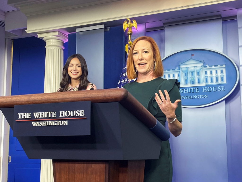 WATCH: Pop star Olivia Rodrigo joins Jen Psaki during White House news briefing